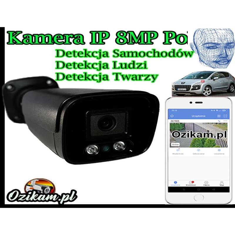 Kamera IP PoE 8MP detekcja samochodu, ludzi, twarzy