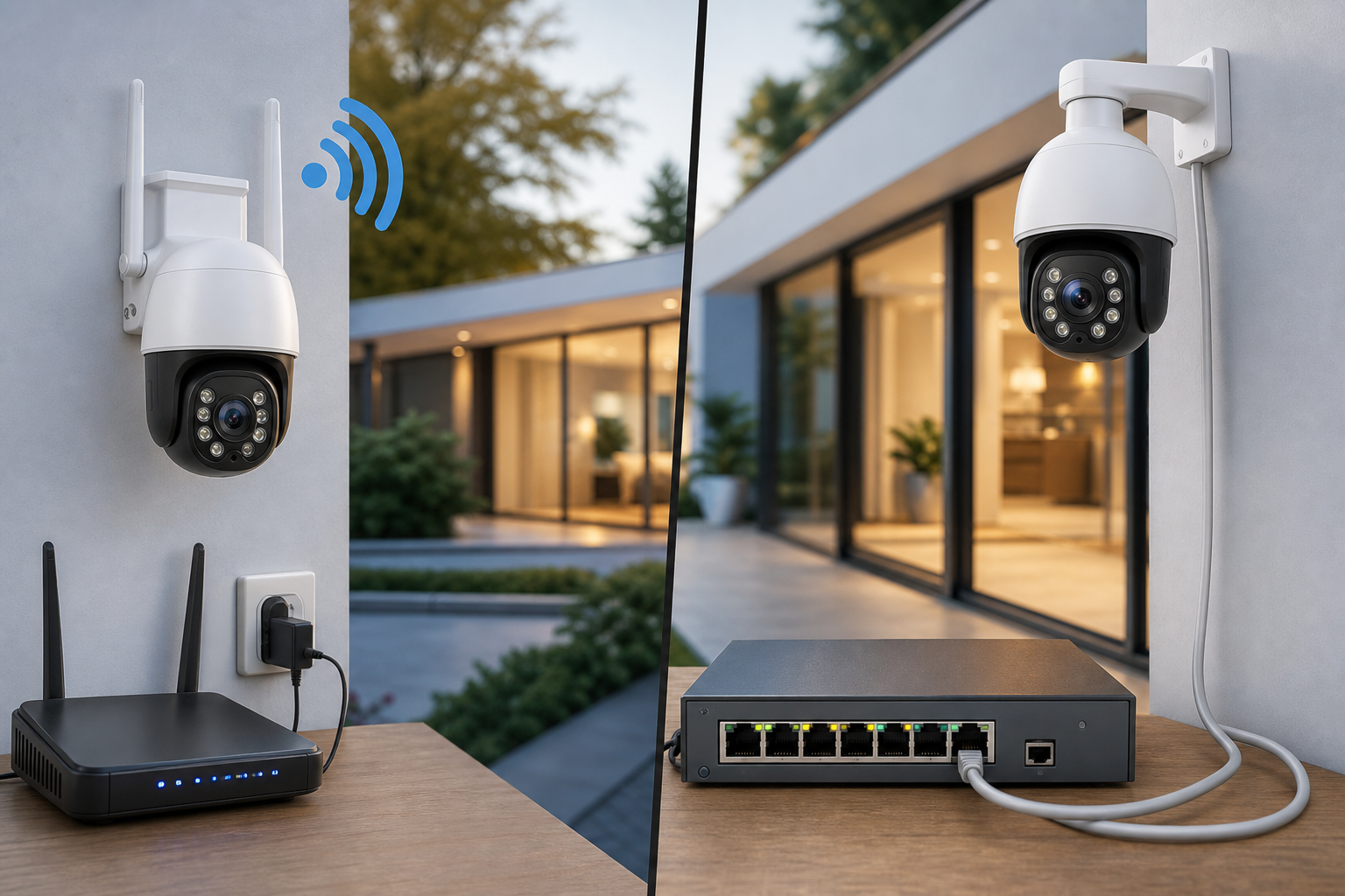 Praktyczna ilustracja do poradnika: Kamera WiFi czy PoE – co wybrać do monitoringu domu?