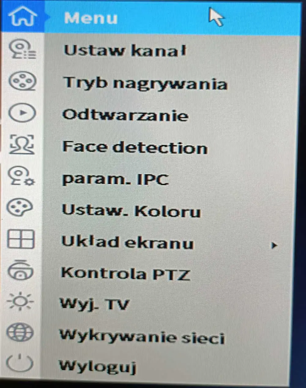 Menu na rejestratorze