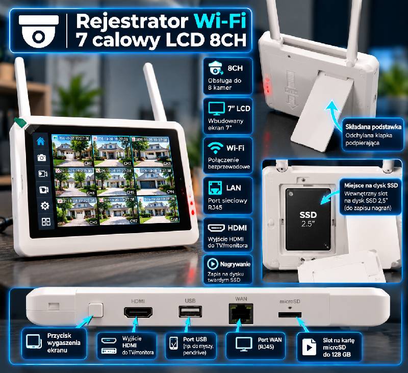 Porty rejestratora WiFi HDMI USB LAN microSD