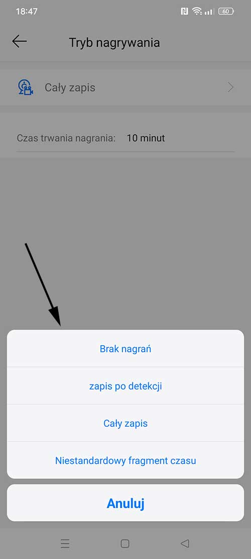 Zapis po wykryciu ruchu na aplikacji ac18pro