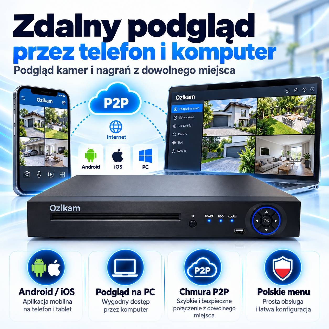 Zdalny podgląd rejestratora NVR PoE Ozikam na telefonie