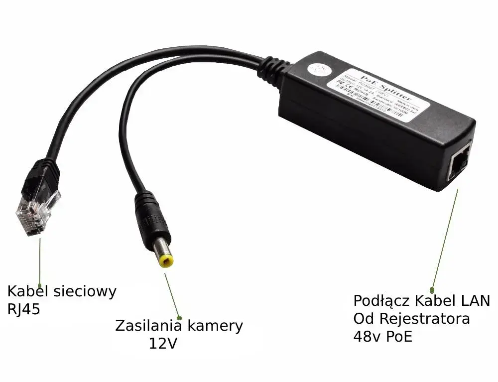 Splitter PoE 48V na 12V do kamer IP z wyjściem RJ45 i DC 5.5x2.1 mm