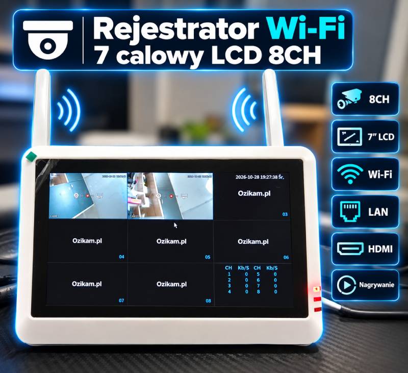 Rejestrator NVR WiFi 8CH z ekranem LCD 7 cali