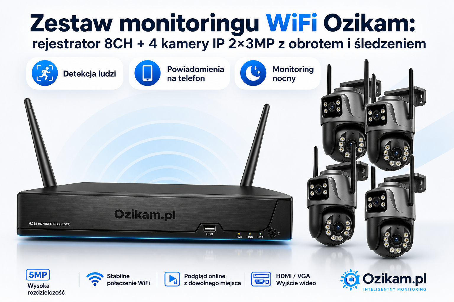 Zestaw monitoringu WiFi Ozikam: rejestrator 8CH + 4 kamery IP 2×3MP z obrotem i śledzeniem