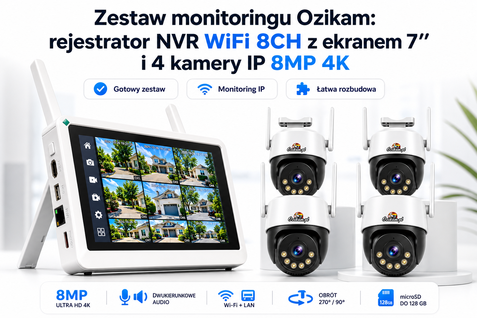 Zestaw monitoringu Ozikam: rejestrator NVR WiFi 8CH z ekranem 7″ i 4 kamery IP 8MP 4K