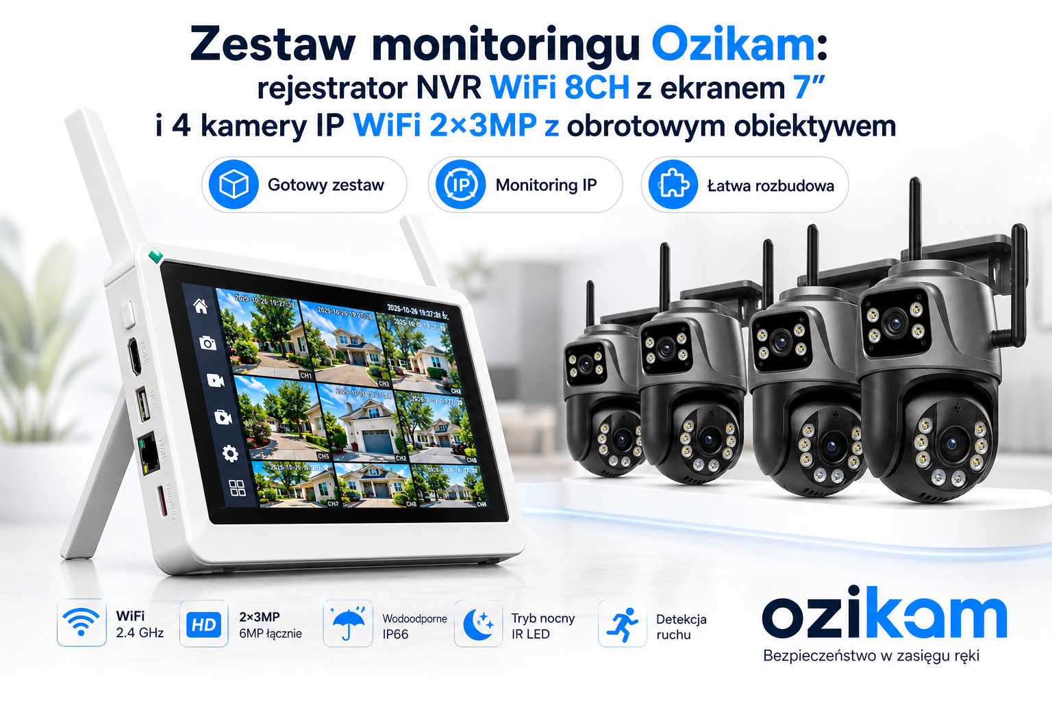 Zestaw monitoringu Ozikam: rejestrator NVR WiFi 8CH z ekranem 7″ i 4 kamery IP WiFi 2×3MP z obrotowym obiektywem