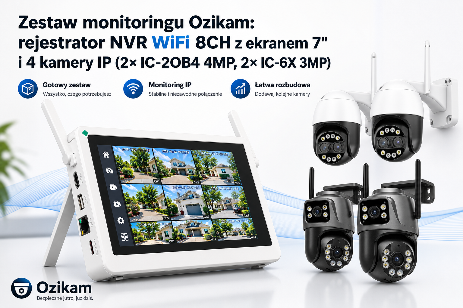 Zestaw monitoringu Ozikam: rejestrator NVR WiFi 8CH z ekranem 7″ i 4 kamery IP (2× IC-2OB4 4MP, 2× IC-6X 3MP)
