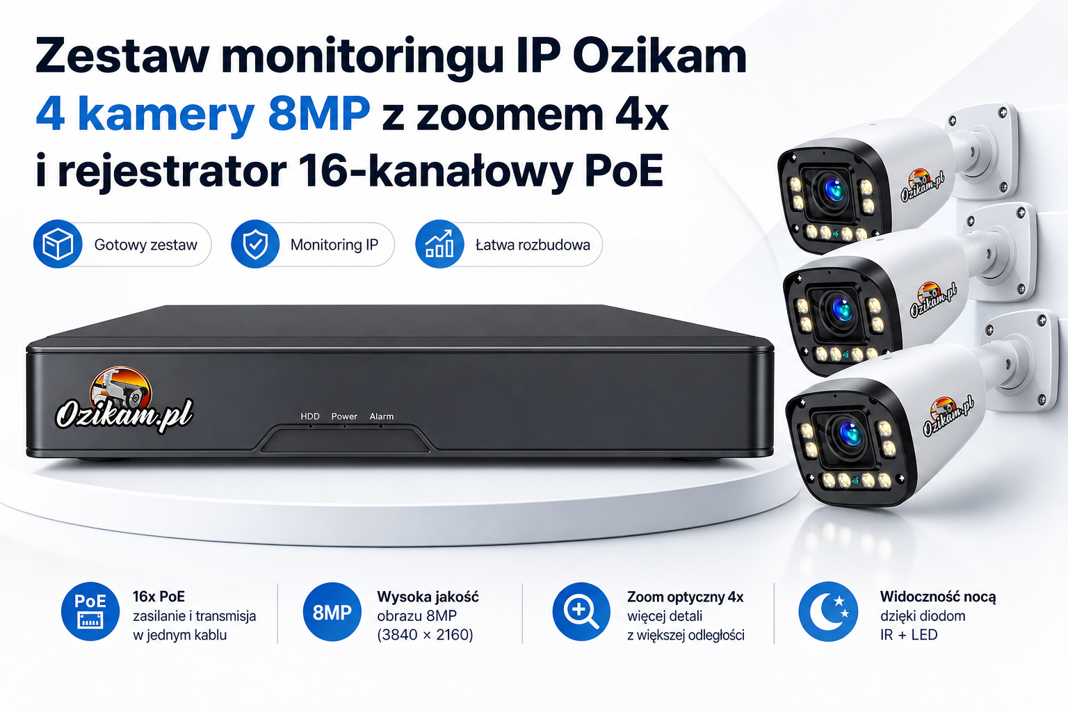 Zestaw monitoringu IP Ozikam 4 kamery 8MP z zoomem 4x i rejestrator 16-kanałowy PoE