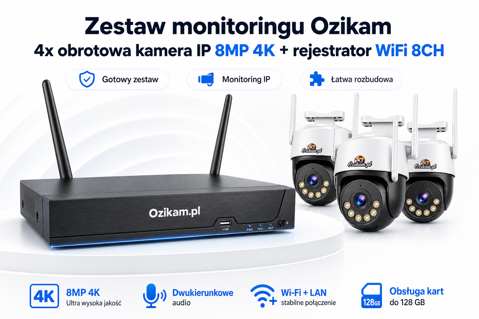 Zestaw monitoringu Ozikam 4x obrotowa kamera IP 8MP 4K + rejestrator WiFi 8CH