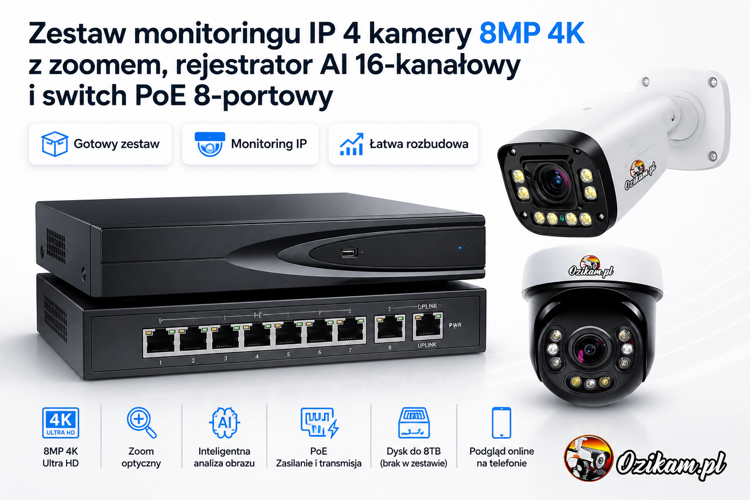 Zestaw monitoringu IP 4 kamery 8MP 4K z zoomem, rejestrator AI 16-kanałowy i switch PoE 8-portowy
