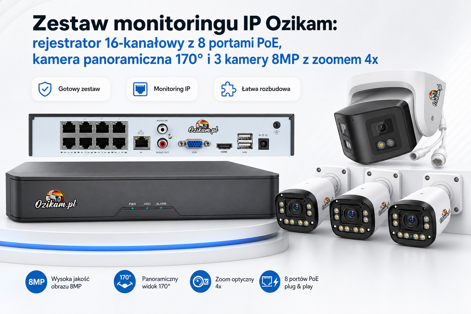 Zestaw monitoringu IP Ozikam: rejestrator 16-kanałowy z 8 portami PoE, kamera panoramiczna 170° i 3 kamery 8MP z zoomem 4x