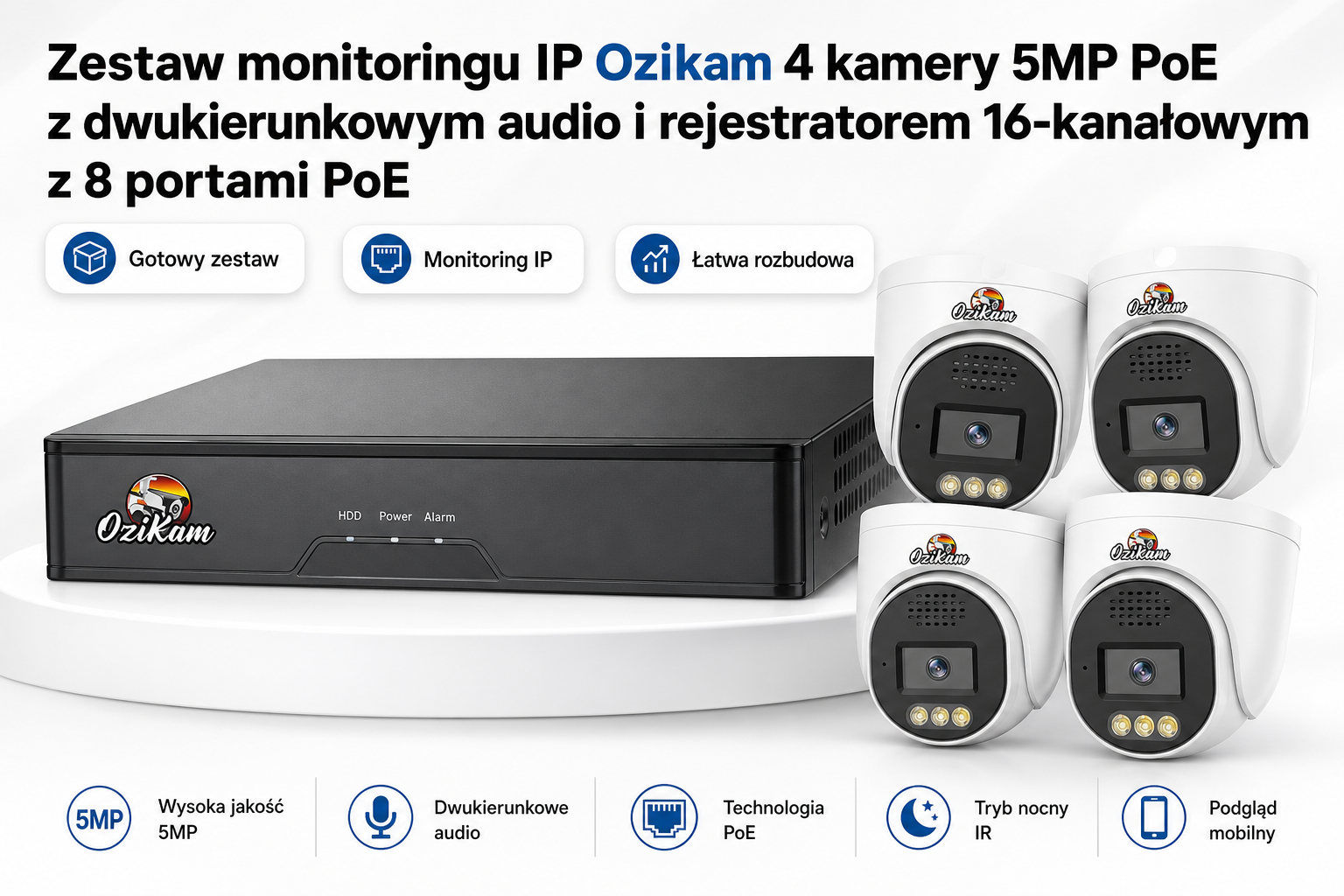 Zestaw monitoringu IP Ozikam 4 kamery 5MP PoE z dwukierunkowym audio i rejestratorem 16-kanałowym z 8 portami PoE
