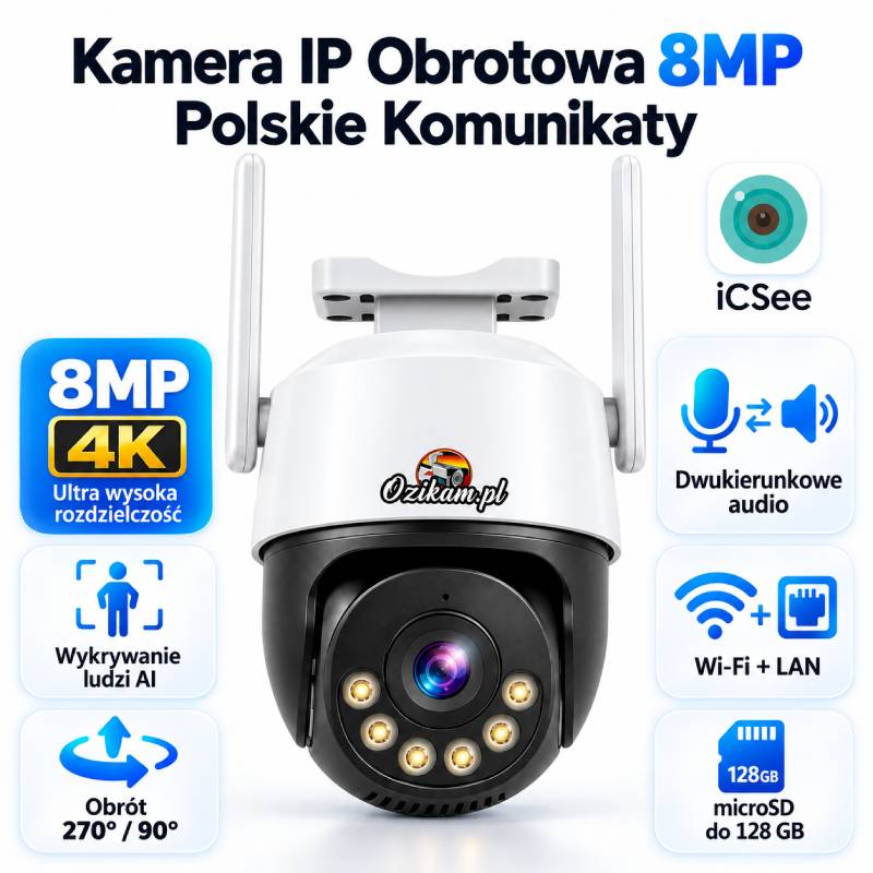 Obrotowa Kamera IP 8MP 4K z Polskimi Komunikatami Głosowymi