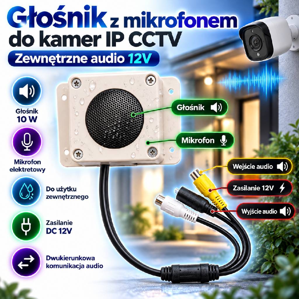 Głośnik z mikrofonem Ozikam do kamer IP i CCTV, zasilanie 12V