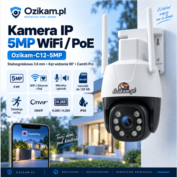 Kamera IP Ozikam-C12-5MP WiFi 5MP z sensorem Sony, obrotowa, do monitoringu zewnętrznego